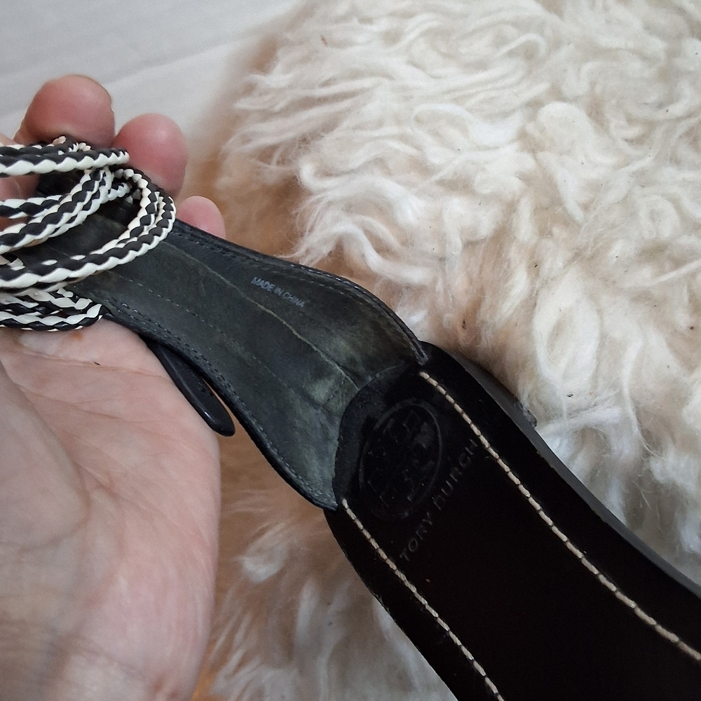 Tory Burch Braided Rope Metal Flat Sandals Black White Ankle Strap 6 - Picture 11 of 12